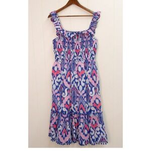 Crown & Ivy Midi Dress Smocked Ruffle Strap Blue Pink Pom Pom Bohemian Lg /#8044